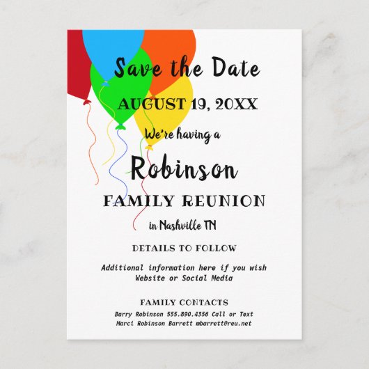 Ballon Design Fun Family Reunion Save the Date Briefkaart (Voorkant)
