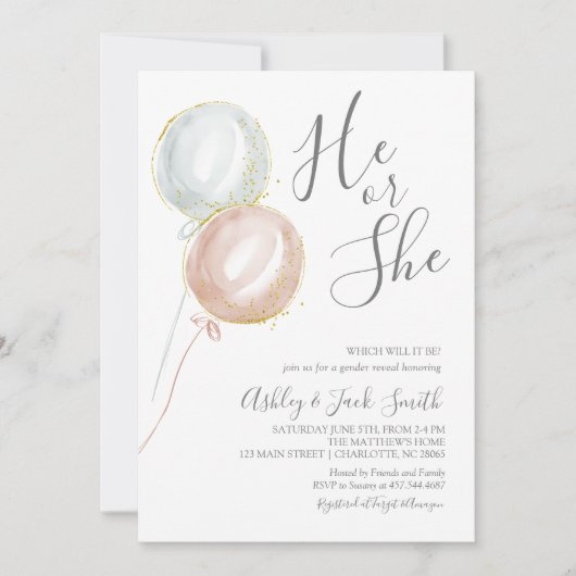 Ballon Gender Reopenbaart Uitnodiging (Voorkant)