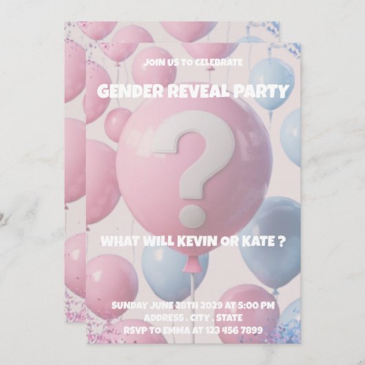Ballon Gender Reveal Party Uitnodiging (Voorkant / Achterkant)