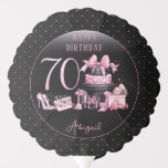 Ballon Gonflable Glam Pink Black Fashion 70th Birthday Party<br><div class="desc">Glamour français d'inspiration couture,  rose et noir "70" 70e anniversaire design avec un gâteau boîte casquette,  stilettos roses et un sac de maquillage parmi divers cadeaux d'anniversaire non ouverts et de luscious cupcakes. Parfait pour célébrer des anniversaires. Age est créé dans une police de parties scintillant fausse rose inmodifiable.</div>