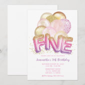 Ballon Pink Paars Gold 5th Birthday Uitnodiging (Voorkant / Achterkant)
