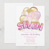 Ballon Pink Paars Gold 7th Birthday Uitnodiging (Voorkant / Achterkant)