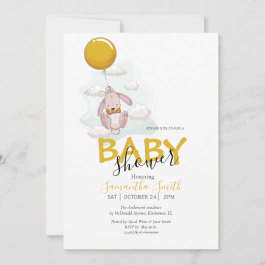 Ballon Rabbit Baby shower Invitation Aankondiging (Voorkant)
