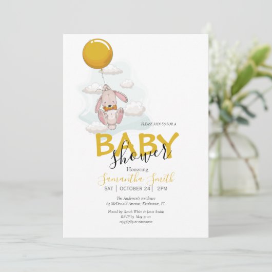 Ballon Rabbit Baby shower Invitation Aankondiging (Staand voorkant)