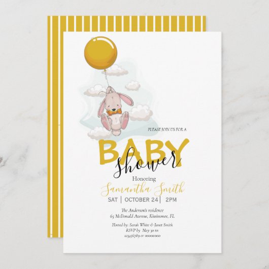 Ballon Rabbit Baby shower Invitation Aankondiging (Voorkant / Achterkant)