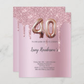 Ballon rose or 40e parties scintillant Carte Anniv (Devant / Derrière)