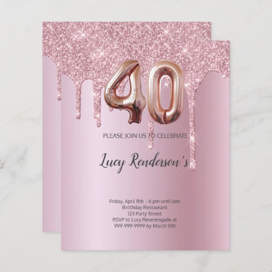 Ballon rose or 40e parties scintillant Carte Anniv (Devant / Derrière)