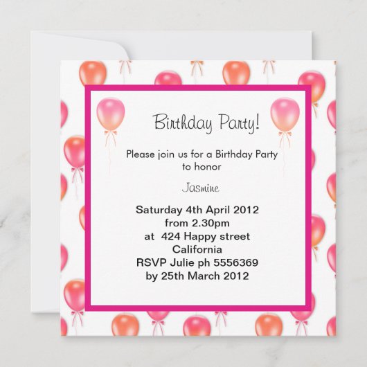 ballon rose orange ANNIVERSAIRE INVITATION (Devant)
