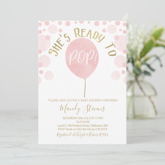 Ballon Rose Prêt À Pop Baby shower Invitation (Debout devant)