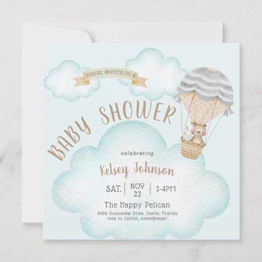 Ballon Woodland Teddy Bear Baby shower Invitation Kaart (Voorkant)