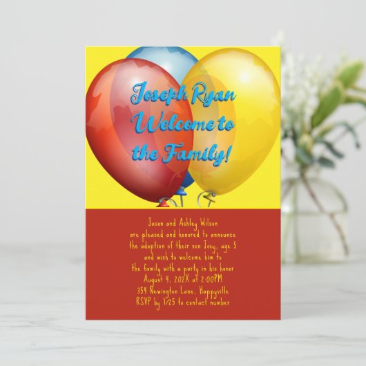 Ballonnen Adoptie Feest Nieuwe Zoon Uitnodiging (Staand voorkant)
