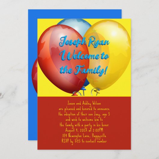 Ballonnen Adoptie Feest Nieuwe Zoon Uitnodiging (Voorkant / Achterkant)
