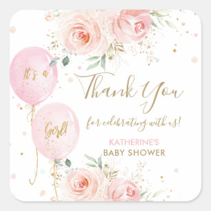 Ballonnen Bloemen Meisje Baby shower Dank u Favor Vierkante Sticker