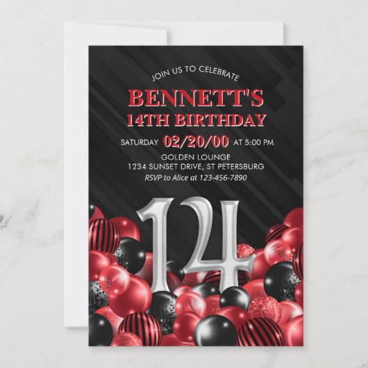 Ballonnen rood 14e verjaardag kaart (Voorkant)