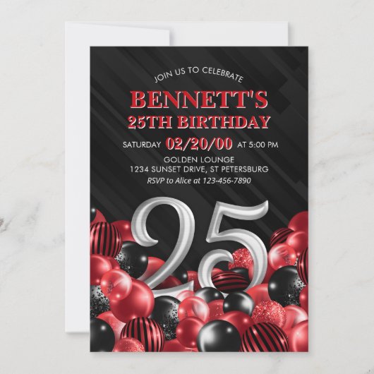 Ballonnen rood 25e verjaardag kaart (Voorkant)