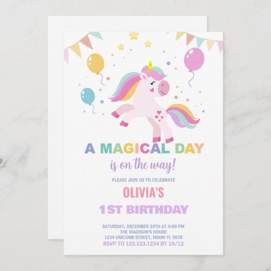 Ballonnen vlaggen eenhoorns verjaardag uitnodiging (Voorkant / Achterkant)