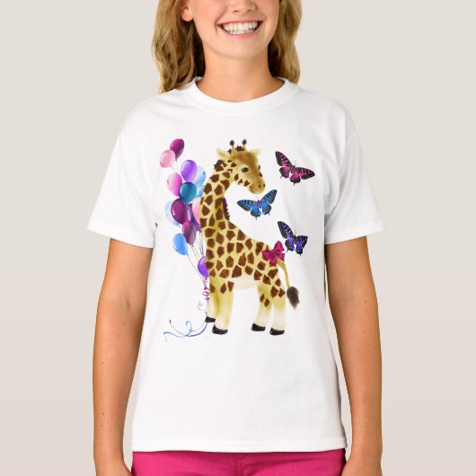 ballonnen, vlinders & Schattigee Giraffe wit T-shirt (Voorkant)