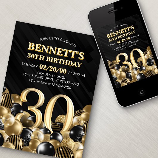 Ballonnen zwart goud 30e verjaardag kaart
