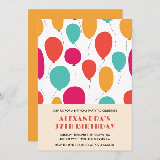 Ballons 37e anniversaire invitations Colorful (Devant / Derrière)