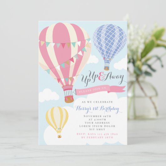 Ballons à air chaud rose et violet Invitation d'an (Debout devant)