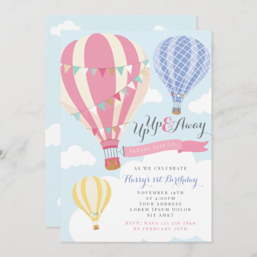 Ballons à air chaud rose et violet Invitation d'an (Devant / Derrière)