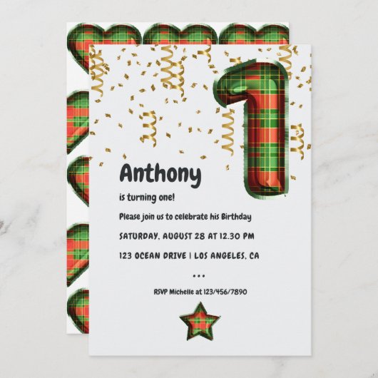 Ballons à bison Plaid 1er Invitation d'anniversair (Devant / Derrière)