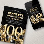 Ballons Black Gold 100th Birthday Invitation