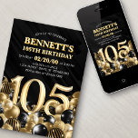 Ballons Black Gold 105e anniversaire Invitation<br><div class="desc">Des tas et des tas de ballons - ce design ne résiste pas ! Doté de chiffres audacieux et d'une typographie élégante dans un espace qui déborde littéralement de ballons, ce design est un coup de fouet instantané. Le jeu de couleurs doré et noir et la typographie rétro donnent une...</div>