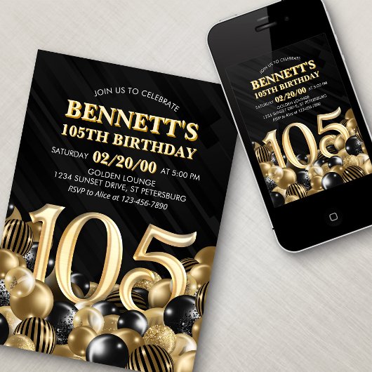 Ballons Black Gold 105e anniversaire Invitation