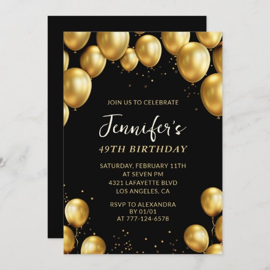 Ballons Black Gold 49e anniversaire invitations (Devant / Derrière)