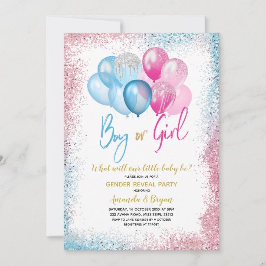 Ballons bleu et rose Genre Reveillez Invitation (Devant)