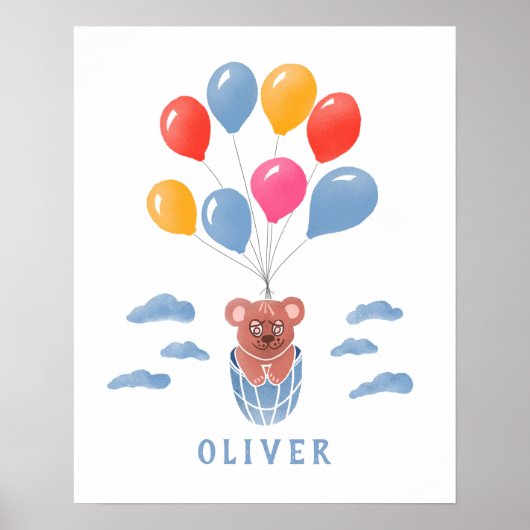 Ballons Bleus Bleus Ours En Teddy Mignonne Poster (Devant)