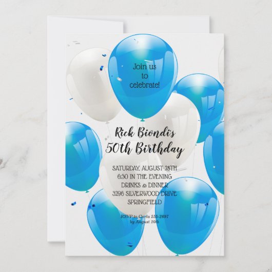 Ballons bleus Invitations de fête d'anniversaire (Devant)