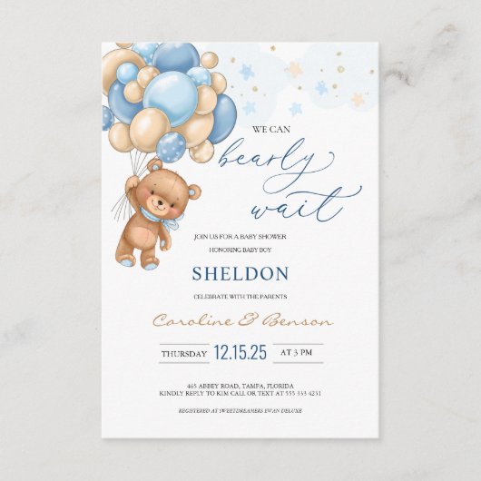 Ballons Bleus Teddy Bear Invitation Baby shower (Devant)