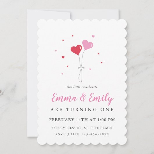 Ballons coeur Valentine Twin Invitation anniversai (Devant)