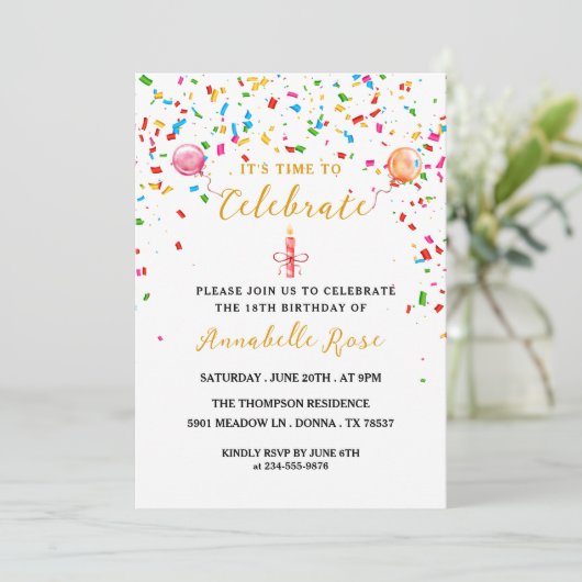 Ballons colorés & Confetti Invitation Anniversaire (Debout devant)