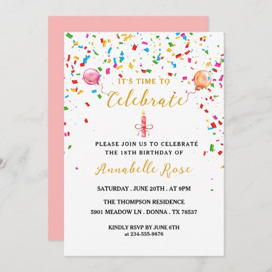 Ballons colorés & Confetti Invitation Anniversaire (Devant / Derrière)