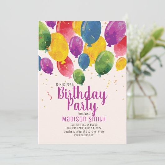 Ballons d'aquarelle Invitation de fête d'anniversa (Debout devant)