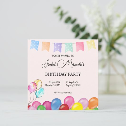 Ballons d'aquarelle Invitation de fête d'anniversa (Debout devant)