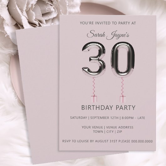 Ballons d'argent rose 30e anniversaire Invitation 