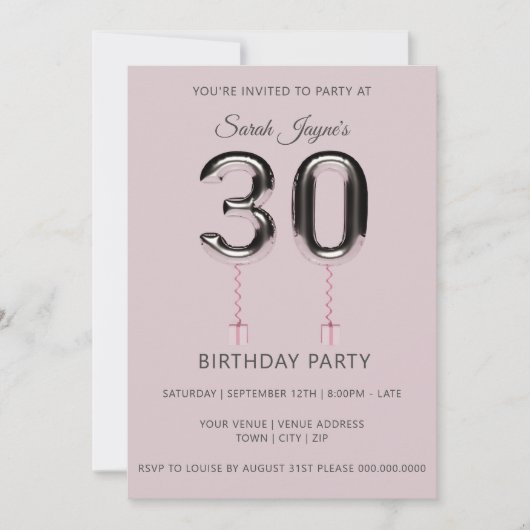 Ballons d'argent rose 30e anniversaire Invitation  (Devant)
