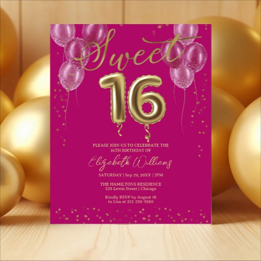 Ballons de 16 ans Feuille d'Or Invitations de budg