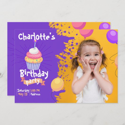 Ballons de cupcake violet Invitation Anniversaire (Devant / Derrière)