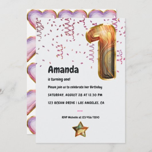 Ballons de marbre 1er Invitation anniversaire (Devant / Derrière)
