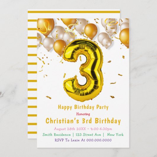 Ballons d'or 3e anniversaire Invitations (Devant / Derrière)
