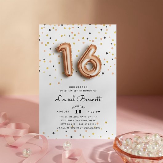 Ballons d'or rose | Sweet 16 Party Invitation