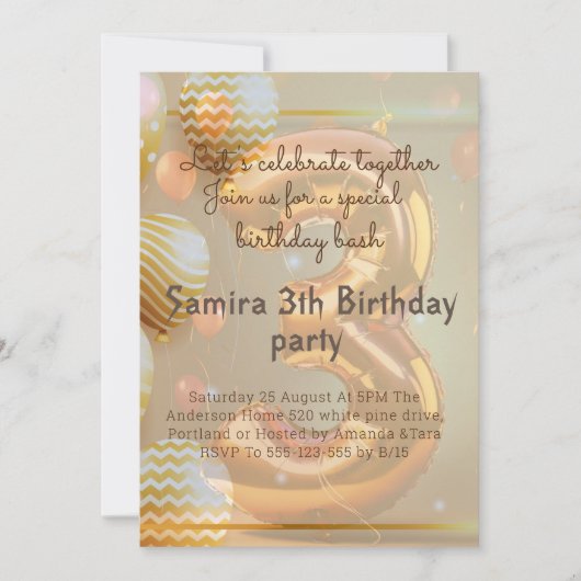 "Ballons Dorés pour les 3 ans!" Invitation (Devant)