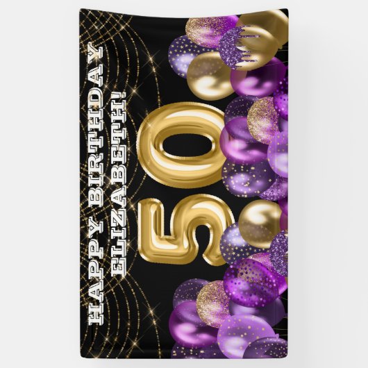 Ballons dorés violets 50e Bannière d'anniversaire  (Vertical)