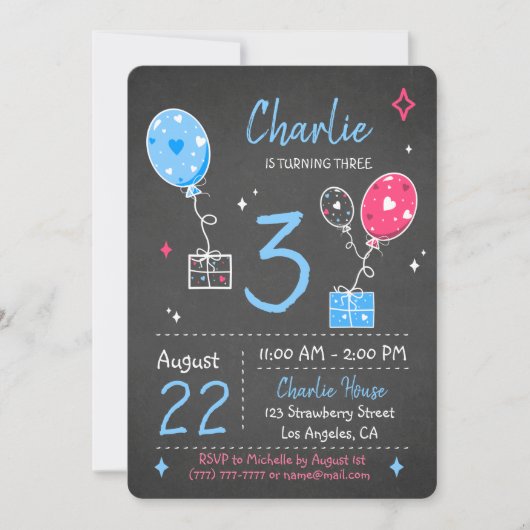 Ballons en cadeaus Birthday Chalkboard Uitnodiging (Voorkant)