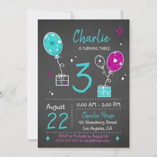 Ballons en cadeaus Birthday Chalkboard Uitnodiging (Voorkant)